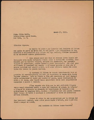 Sacco-Vanzetti Defense Committee typed letter (copy), in Italian, to Titta Ruffo, Boston, Mass., March 17, 1925