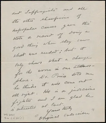 Original Subscriber autograph letter signed to [Sacco-Vanzetti Defense Committee], Brookline, Mass., December 14, 1926