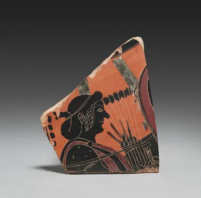 Fragment from Black-Figure Neck-Amphora of Panathenaic Shape (Storage Vessel): Apollo with Lyre