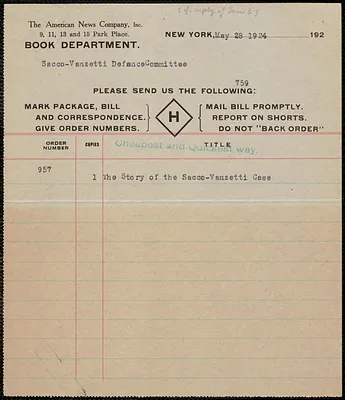 American News Company, Inc. typed letter to Sacco-Vanzetti Defense Committee, New York, N.Y., May 28, 1924