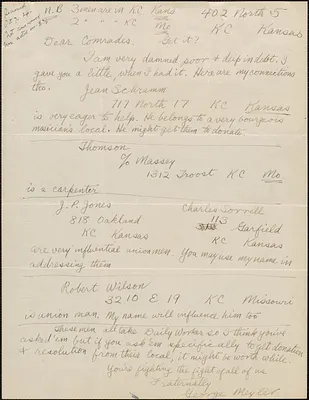 George Meyler autograph letter to [Sacco-Vanzetti Defense Committee], Kansas City, Kan., [1921-1927]