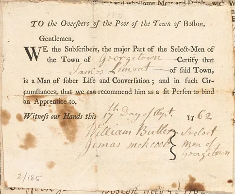 John Burk indentured to apprentice with James Lamont of Georgetown, 1762