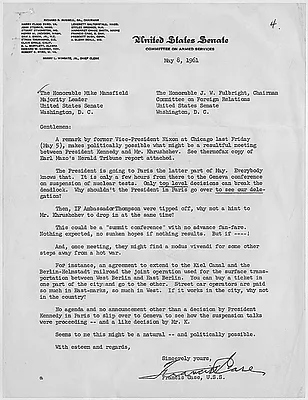 Letter for Senators Mike Mansfield and J. W. Fulbright from Senator Francis Case, 8 May 1961