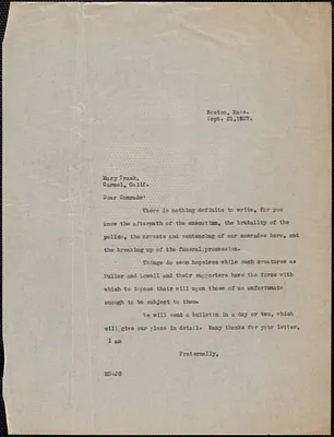 Mary Donovan typed letter (copy) to Mary C. Trask, Boston, Mass., September 21, 1927