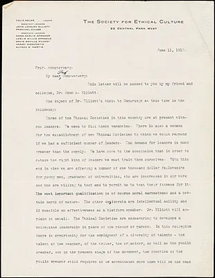 Adler, Felix, 1851-1933 typed letter signed to Hugo Münsterberg, New York, 11 June 1910