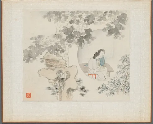 Album of Landscape Paintings Illustrating Old Poems: Two Women with Needlework in a Garden