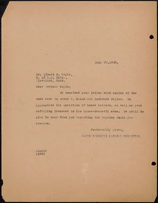 Sacco-Vanzetti Defense Committee typed note (copy) to Albert F. Coyle (Brotherhood of Locomotive Engineers Journal), Boston, Mass., July 30, 1926