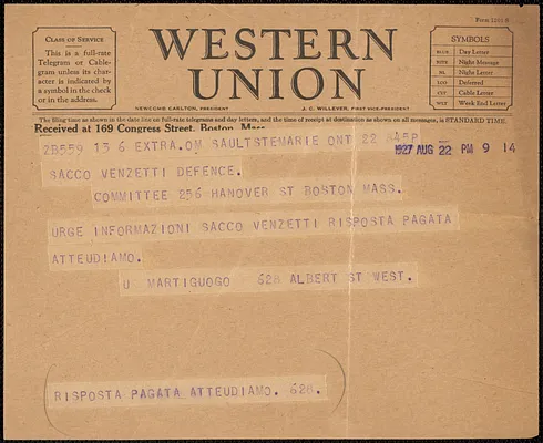 U. Martiguogo telegram, in Italian, to Sacco-Vanzetti Defense Committee, Sault St. Marie, Ont., August 22, 1927