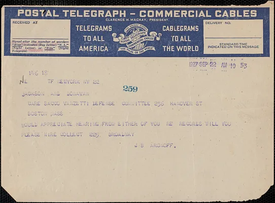 J. B. Aronoff telegram to [Gardner] Jackson and [Mary] Donovan, New York, N. Y., September 22, 1927