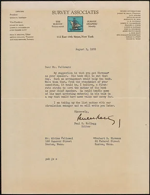 Paul U. Kellogg (Survey Associates) typed letter signed to Aldino Felicani, New York, N. Y., August 3, 1933