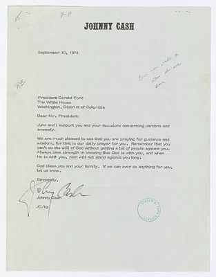 Letter from Johnny Cash to President Gerald Ford Regarding Amnesty and Pardons