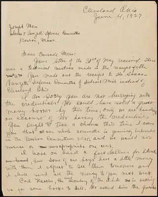 Bessie Kimmelman (Sacco-Vanzetti Defense Committee, Cleveland) autograph letter signed to Sacco-Vanzetti Defense Committee, Cleveland, Ohio, June 4, 1927