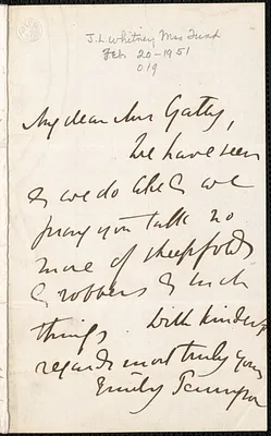 Emily Tennyson autograph letter signed to Mrs. Gatty, [Farringford, Isle of Wight], [December 1858?]