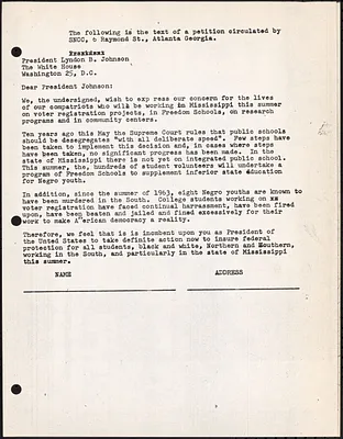 Copy of Petition circulated by SNCC to President Johnson about the desegregation of schools in Mississippi and insuring federal protection to all students