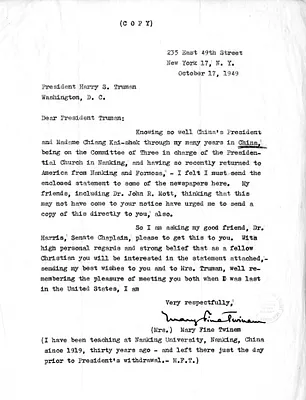 Letter from Mary Fine Twinem to President Harry S. Truman, with Attachment