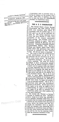 New York Times Editorial, The Atomic Energy Commission Nominations