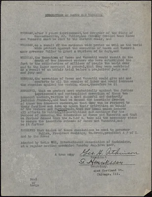 George H. Atkinson (International Association of Machinists, Lodge #76) typed resolution (copy) to Alvan T. Fuller, et al, Chicago, Ill., August 16, 1927
