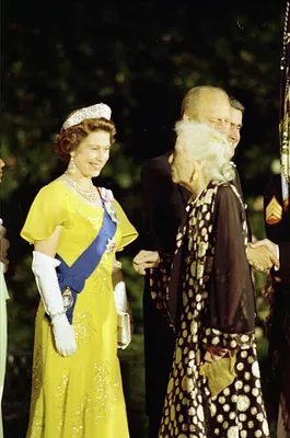 Queen Elizabeth II of Great Britain Greeting Alice Roosevelt Longworth, Daughter of President Theodore Roosevelt, in the Receiving Line on the South Driveway of the White House Prior to a State Dinner Honoring Her Majesty and Prince Philip