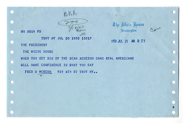 Telegram from Fred McKeon to President Harry S. Truman