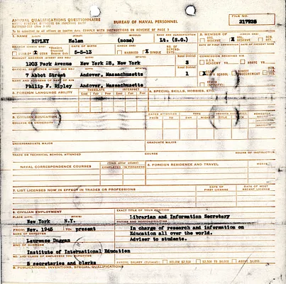 Annual qualifications questionnaire, Helen Ripley, Abbot Academy, class of 1930