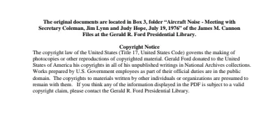 Aircraft Noise - Meeting with Secretary Coleman, Jim Lynn and Judy Hope, July 19, 1976