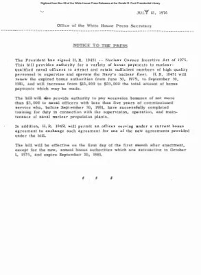 Signing of H.R. 10451 - Nuclear Career Incentive Act of 1975 [Bill]