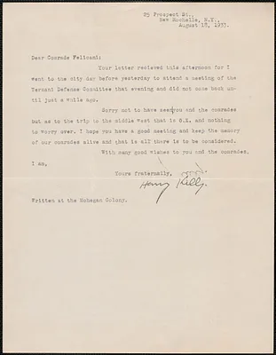 Harry Kelly typed letter signed to [Aldino] Felicani, New Rochelle, N. Y., August 18, 1933