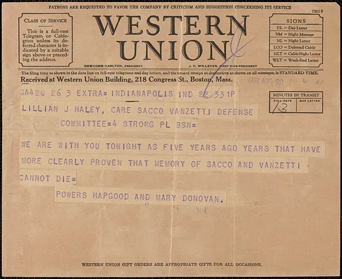 Powers Hapgood and Mary Donovan telegram to Lillian J. Haley, Indianapolis, Ind., August 22, 1932