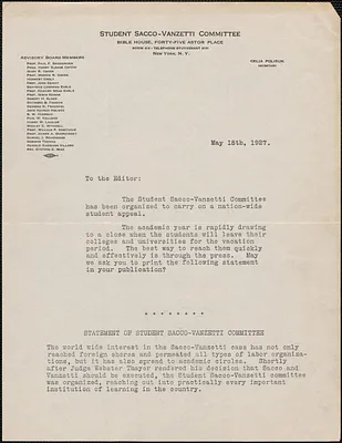 Celia Polisuk (Student Sacco-Vanzetti committee) typed letter signed to the Editor, New York, N. Y., May 18, 1927