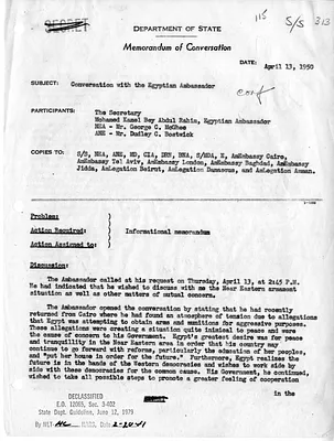 Memorandum of Conversation with Secretary of State Dean Acheson, Ambassador of Egypt Mohamed Kamel Bey Abdul Rahim, George McGhee, and Dudley Bostwick