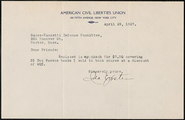 Ida Epstein (American Civil Liberties Union) typed note signed to Sacco-Vanzetti Defense Committee, New York, N.Y., April 29, 1927