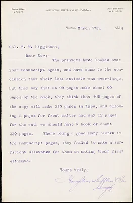 Houghton, Mifflin, & Co. typed letter signed to Thomas Wentworth Higginson, Boston, Mass., 7 March 1884
