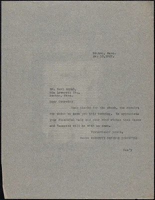 Sacco-Vanzetti Defense Committee typed note (copy) to Carl Appel (Upholsterers' International Union, Local No. 87), Boston, Mass., May 10, 1927