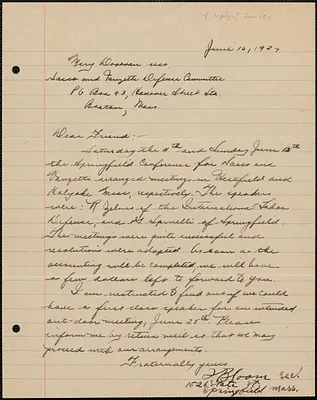 J. Bloom autograph letter signed to Mary Donovan, Springfield, Mass., June 16, 1927