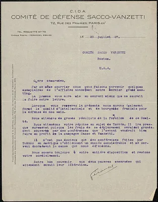 Ferandel (Comité De Défense Sacco-Vanzetti) typed letter signed, in French, to Sacco-Vanzetti Defense Committee, Paris, France, July 20, 1927
