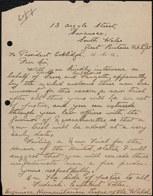 Frederick C. Potter (Humanitarian League of the World) autograph letter signed to [Calvin] Coolidge, Swansea, South Wales, February 2, 1925
