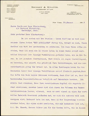 Briesen, Arthur von, 1843-1920 typed letter signed to Hugo Münsterberg, New York, 28 January 1905