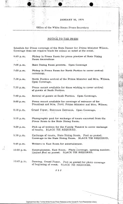 Schedule for Press Coverage of State Dinner for Prime Minister Wilson