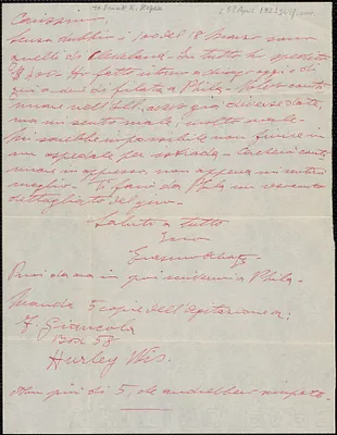 Erasmo Abate [Hugo Rolland] autograph letter signed, in Italian, to Frank R. Lopez, April 5, 1921