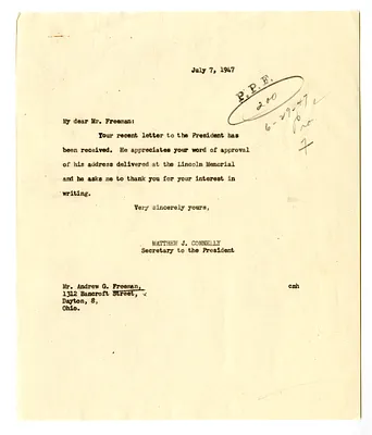 Letter from Andrew Freeman to President Harry S. Truman with a Reply from Matthew Connelly