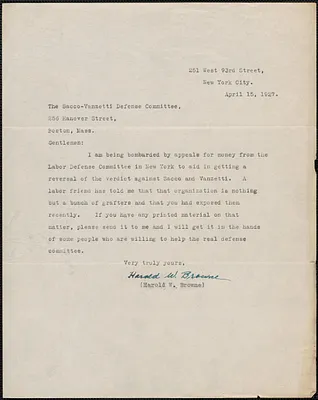 Harold W. Browne typed letter signed to Sacco-Vanzetti Defense Committee, New York, N.Y., April 15, 1927