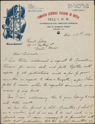 Romolo Bobba (Comitato Generale Italiano di Difensa Dell' I.W.W.) autograph letter signed to Frank Lopez, Chicago, Ill., December 13, 1920