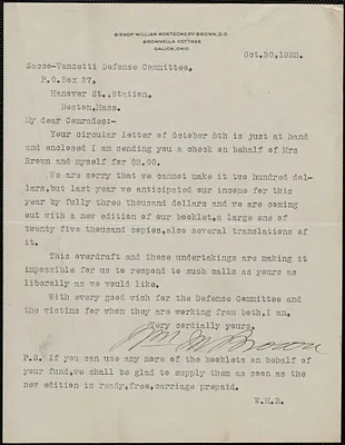 William Montgomery Brown typed letter signed to Sacco-Vanzetti Defense Committee, Galion, Ohio, October 30, 1922