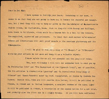 Bartolomeo Vanzetti typed letter (copy) to Pei Kan Li, [Dedham, 9 June 1927]
