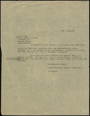 Sacco-Vanzetti Defense Committee typed letter (copy) to Leon Arken (Jewish Daily Forward), Boston, Mass., October 13, 1926