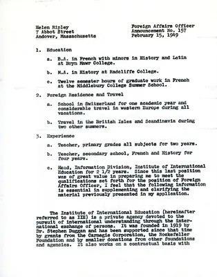 Foreign Affairs Officer application, Helen Ripley, Abbot Academy, class of 1930