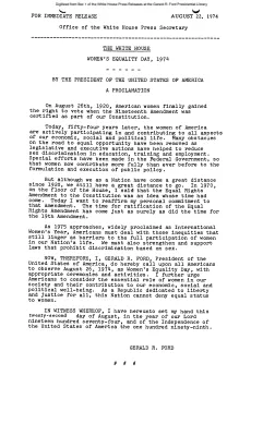 Women's Equality Day, by the President of the United States of America, a Proclamation [Ford Speech or Statement]