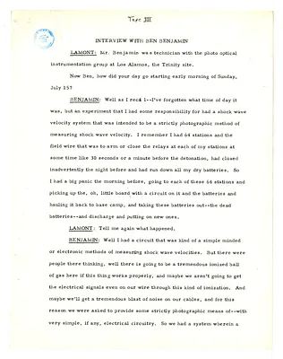 Transcript of Lansing Lamont Interview with Ben Benjamin and Robert Krohn of Los Alamos Laboratory (Tape III)