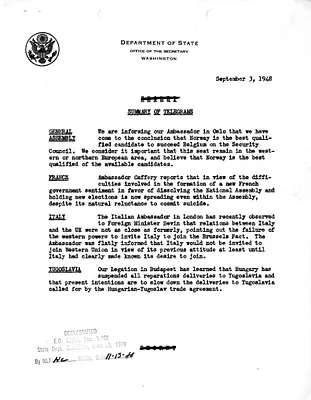 Memorandum, State Department Summary of Telegrams