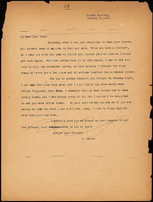 Nicola Sacco typed letter (copy) to Mrs. [Cerise] Jack, [Dedham], 21 January 1924